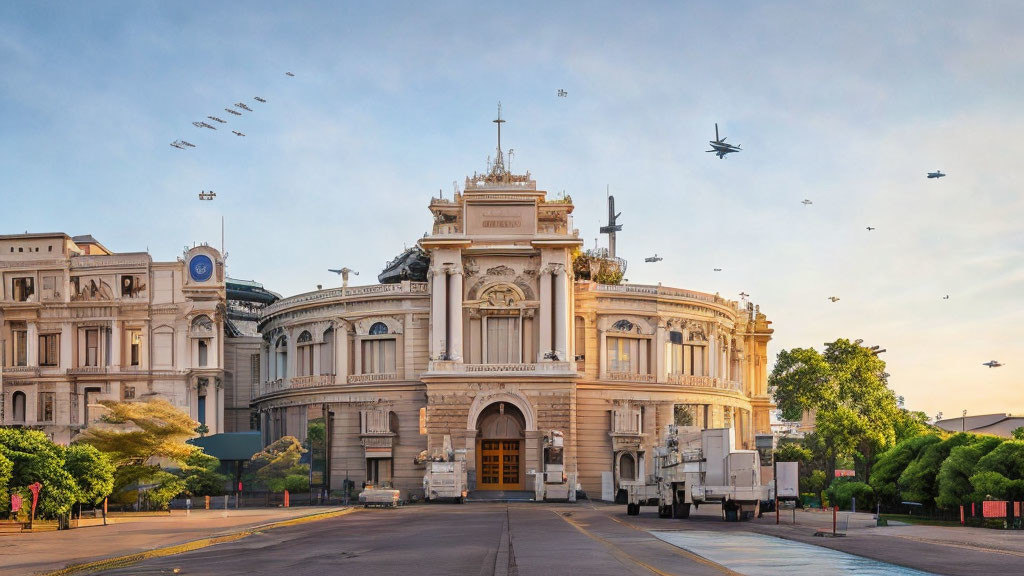 Elaborate Historical Building Amid Modern Streets and Sky