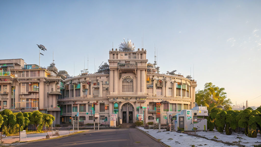 Grand classical building facade with intricate detailing and modern surroundings at dusk