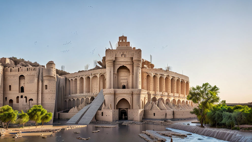 Ancient fortress with towering walls and stepped entrance by water under clear blue sky