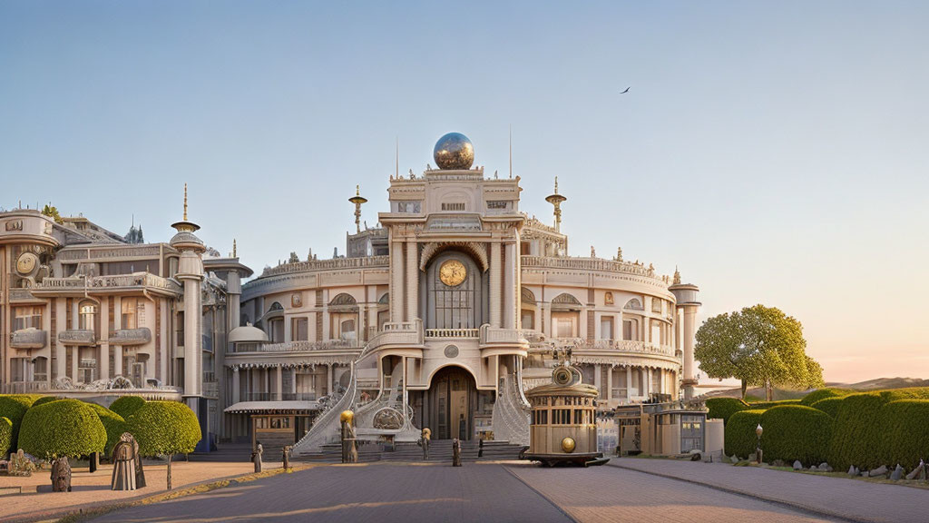 Classical clock tower building with globe topper in serene dusk setting