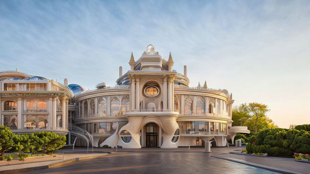 Ornate white building with multiple arches in warm light, clear blue sky