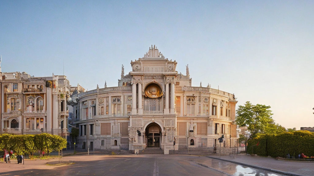 Neoclassical Building with Circular Window at Dusk