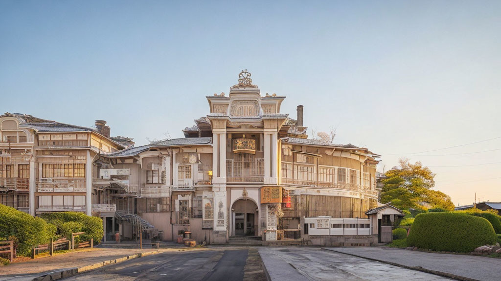 Vintage two-story building with ornate façade surrounded by structures under clear dusk sky