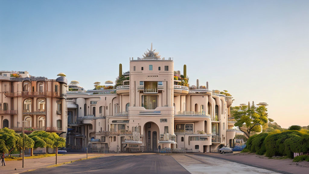 Symmetrical Art Deco building with central tower and rounded structures at sunset