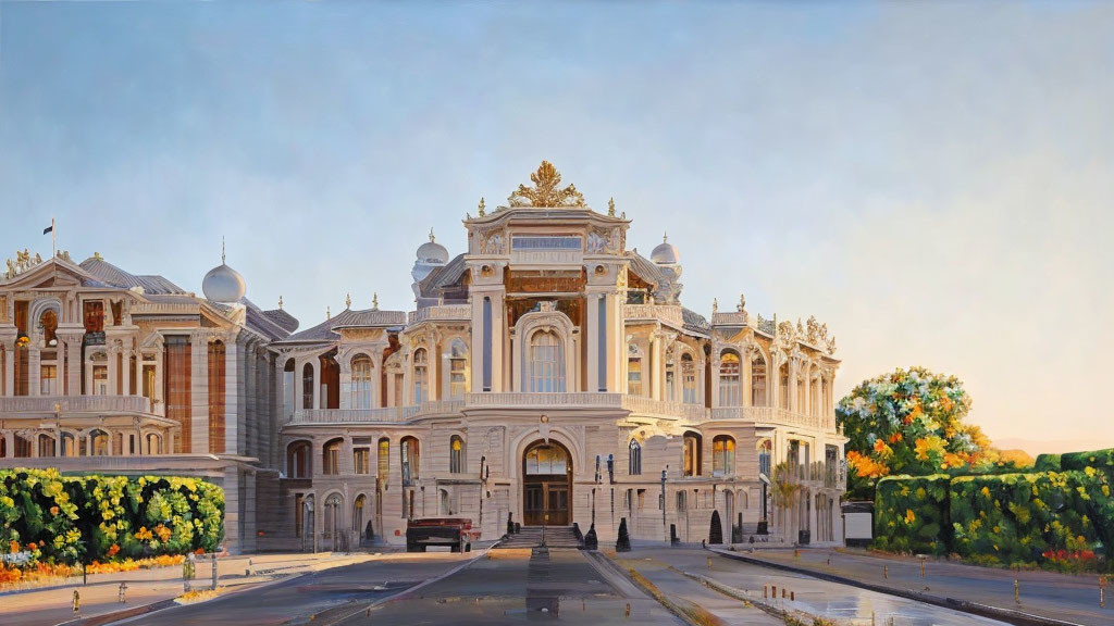 Neoclassical Building with Elaborate Decorations and Sculptures at Sunset