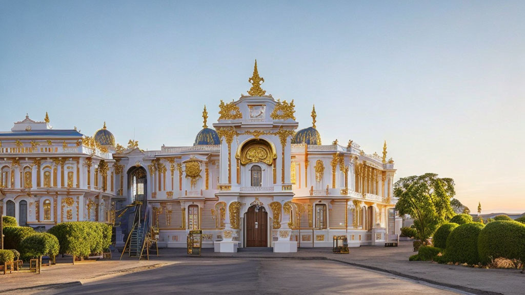 Baroque-style palace with gold trimmings and manicured shrubs under blue sky