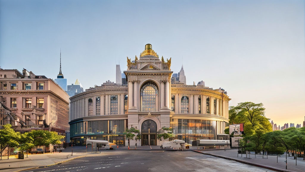 Historic classical building with arched windows and golden statues surrounded by modern structures at dusk