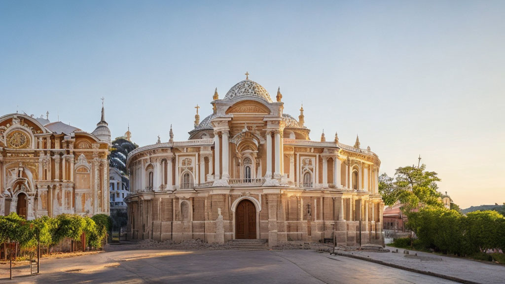 Baroque-style church with intricate façade and domed roof at sunset