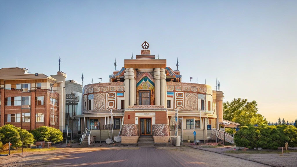 Ornate building with geometric designs and central staircase among modern buildings at dusk