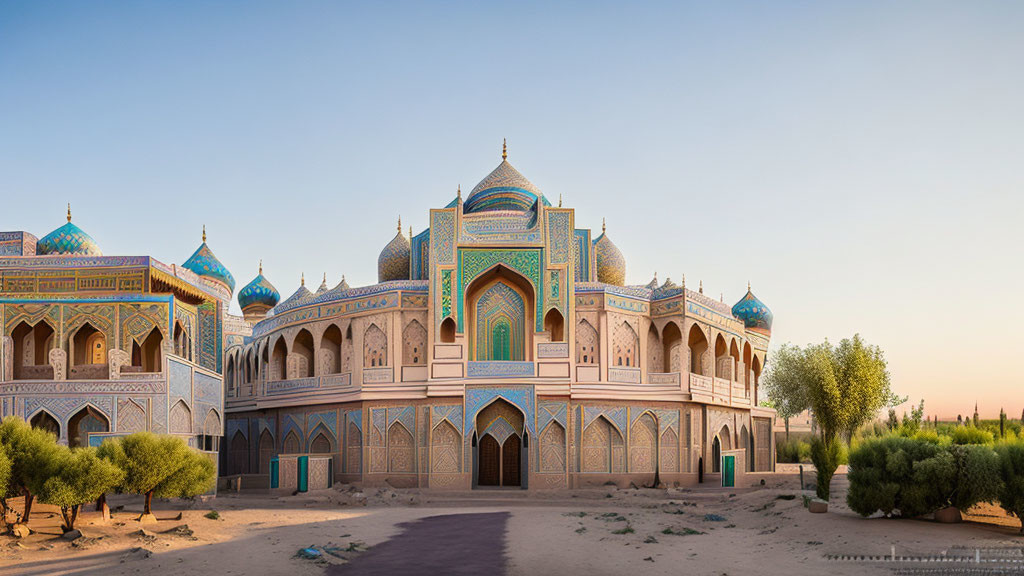 Traditional Islamic architecture with intricate tile work, arches, and domes at dusk