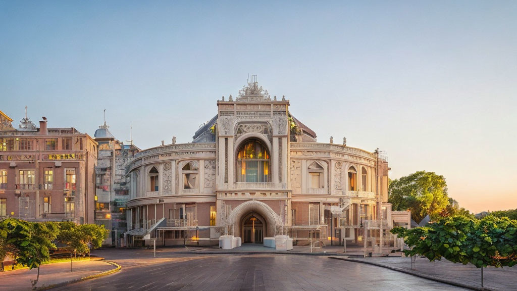 Historic building facade with ornate details at golden hour