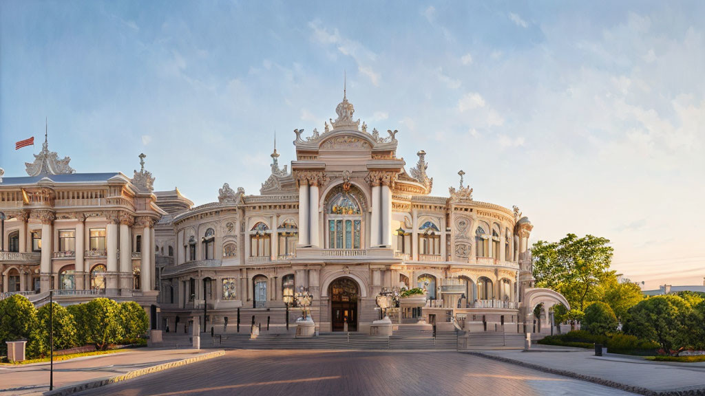 Baroque-style building with elaborate sculptures and central entrance at dusk or dawn