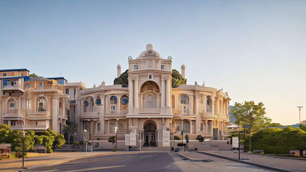 Neoclassical building with ornate facades and sculptures beside modern structures under clear dusk sky