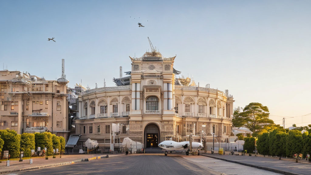 Historical building in warm sunlight surrounded by modern architecture and birds.