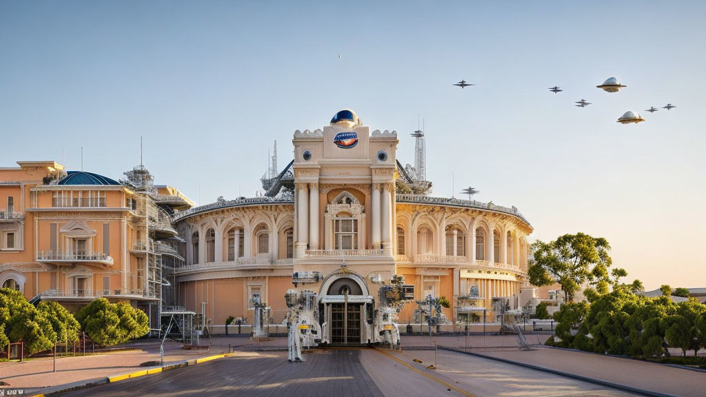 Elaborate historical building with birds flying against clear sky