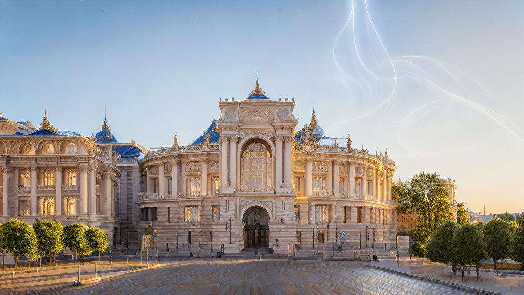 Neoclassical Building with Ornate Details at Sunrise