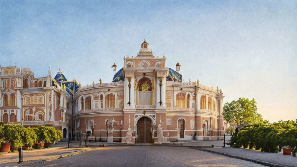 Elaborate historic building with clock and spires in clear sky, surrounded by trees.