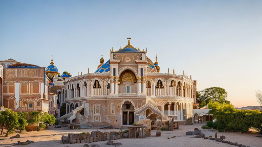 Ornate colorful building with blue domes in desert landscape