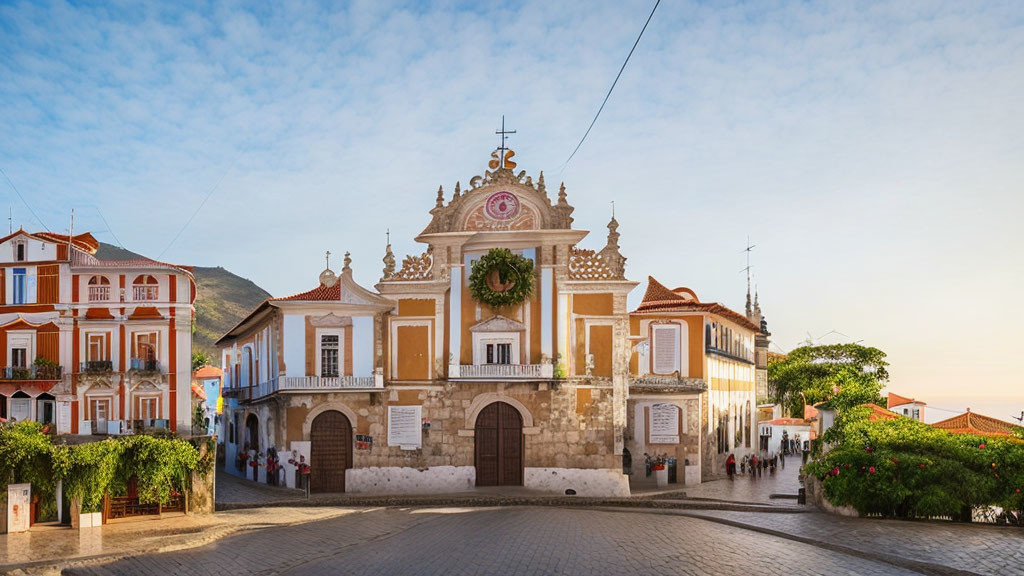 Historical building with baroque facade in town square with colorful buildings under clear blue sky