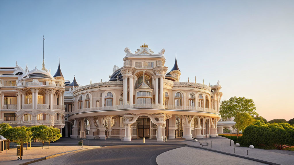 Classical architecture with ornate columns and arched windows at dusk