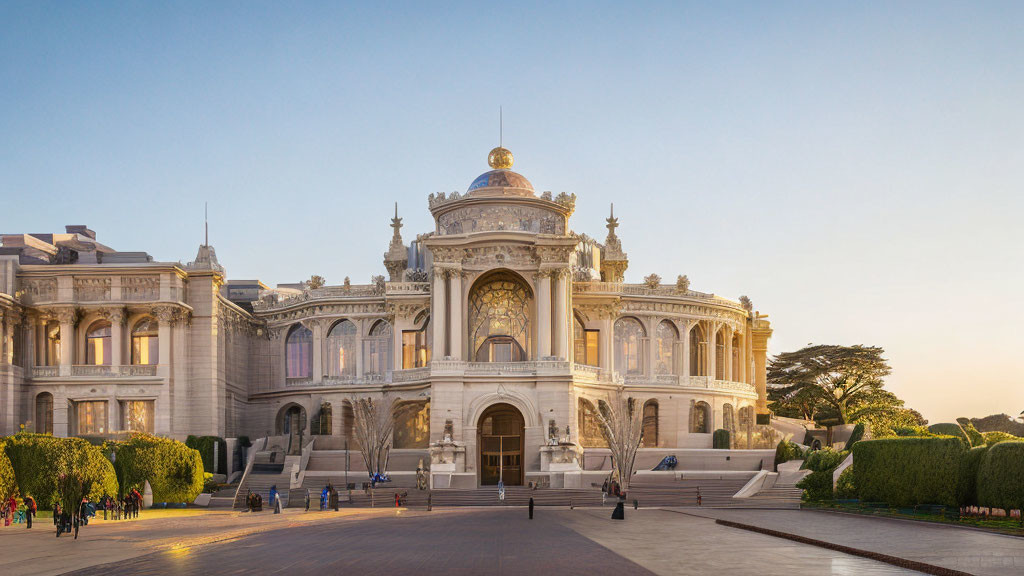 Classical building with grand entrance and visitors in warm sunlight