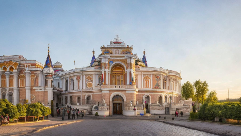 Ornate building with colorful domes and courtyard at sunset