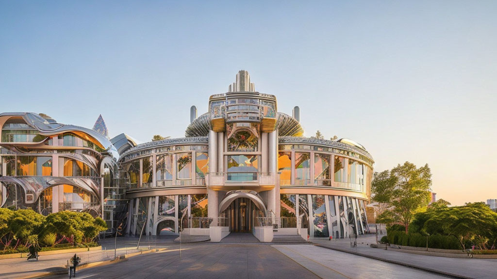 Art Deco-inspired modern building with central cylindrical structure and curved glass wings under clear sky.