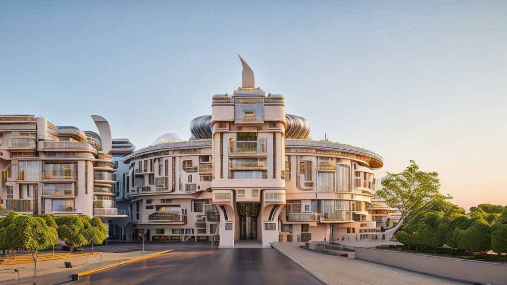 Contemporary architectural complex with cylindrical structures and metallic domes in sunlight.