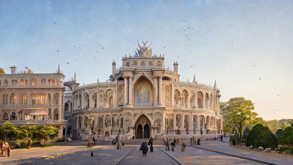 Gothic Architecture Palace with Visitors and Birds at Sunset