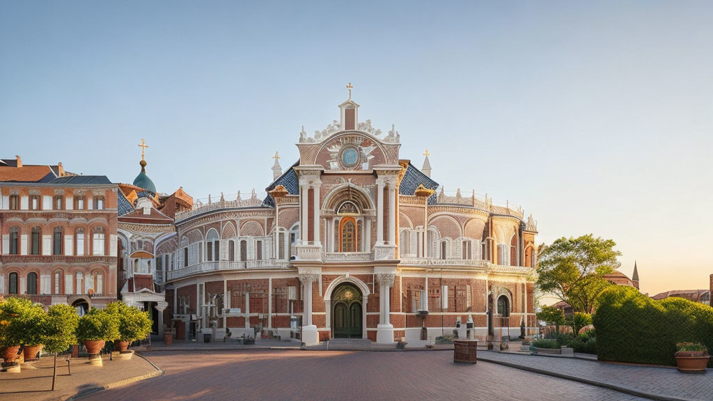 Gothic-style church with ornate facade in serene courtyard at dusk