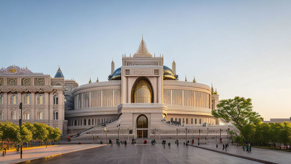 Traditional white building with central dome and trees under clear dusk sky