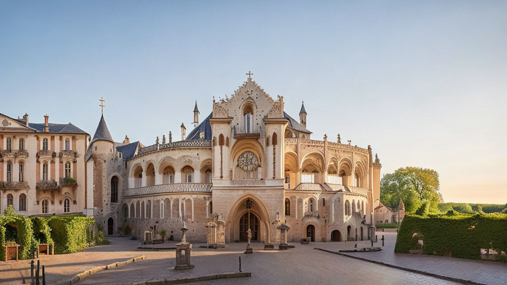 Historic cathedral with intricate facade and elegant buildings at dawn or dusk