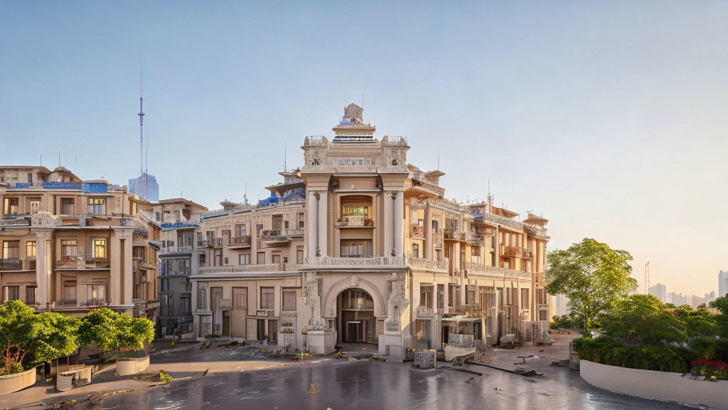 Neoclassical building with balconies and modern skyscrapers at dawn