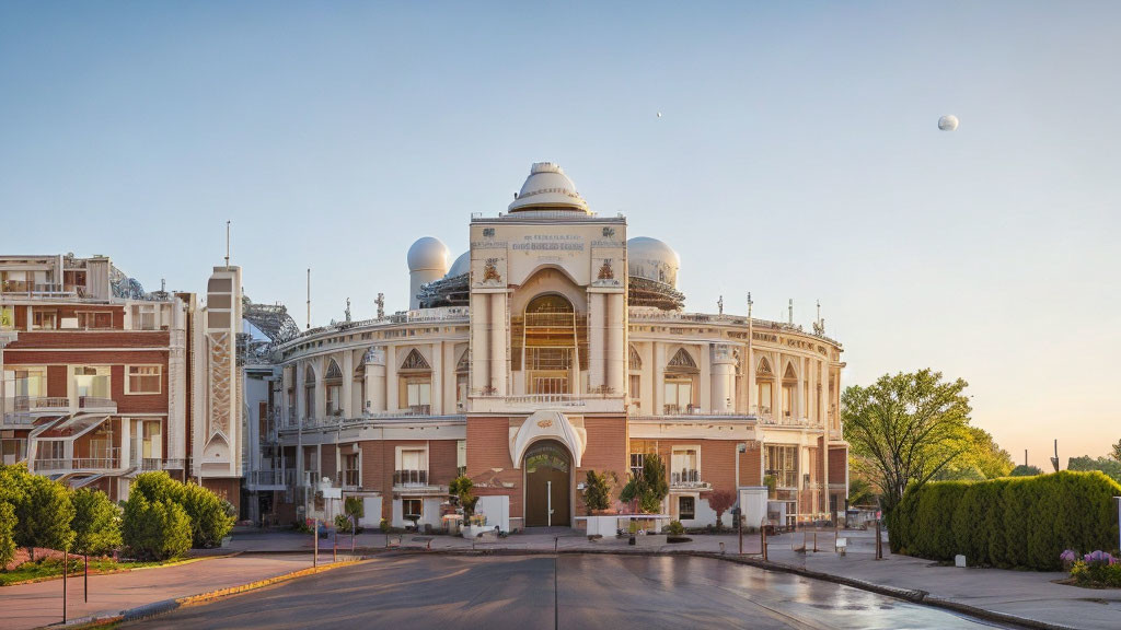 White building with domes surrounded by trees and streetlights at dusk