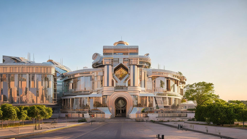 Symmetrical modern building with elaborate facade and large windows at dusk