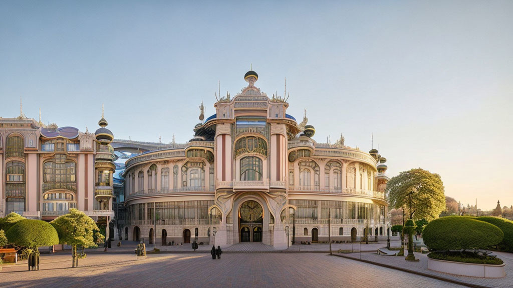 Ornate Palace with Pink Buildings and Clear Sky at Dawn/Dusk