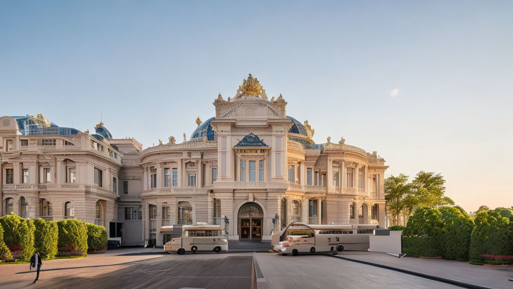 Classical building with grand entrance and ornate roof under clear blue skies