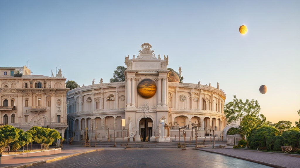 Ornate white building with classical sculptures and planets in the sky