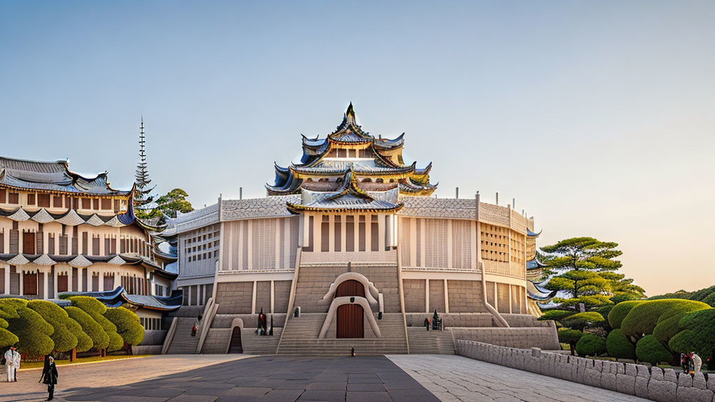 Elaborate Traditional Japanese Castle with Pine Trees