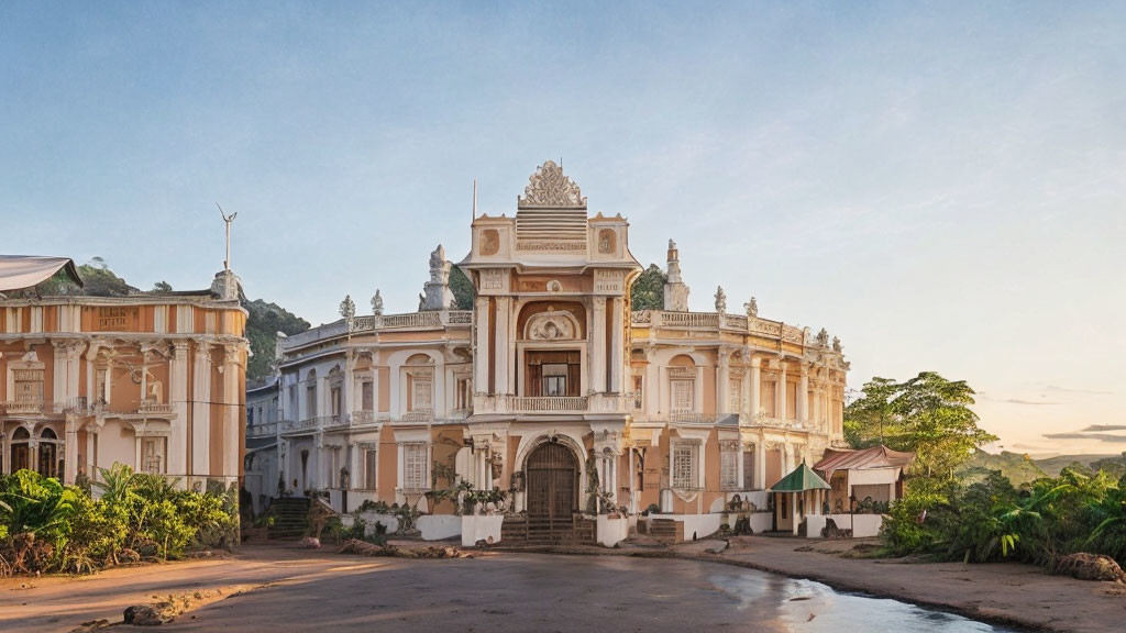 Historic building with ornate facades and arches at sunset