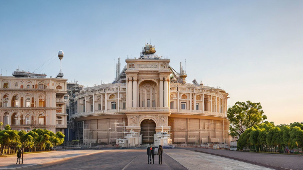 Neoclassical building with intricate decorations and two individuals in a vast square