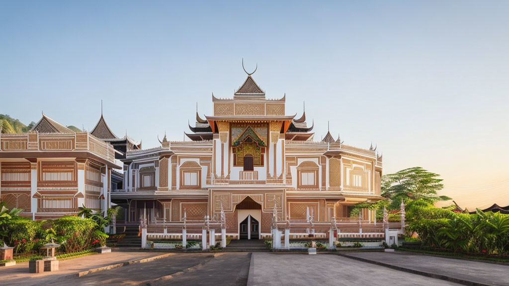 Traditional Thai Style Architecture with Multi-Tiered Roofs and Elaborate Gables Against Sunset Sky