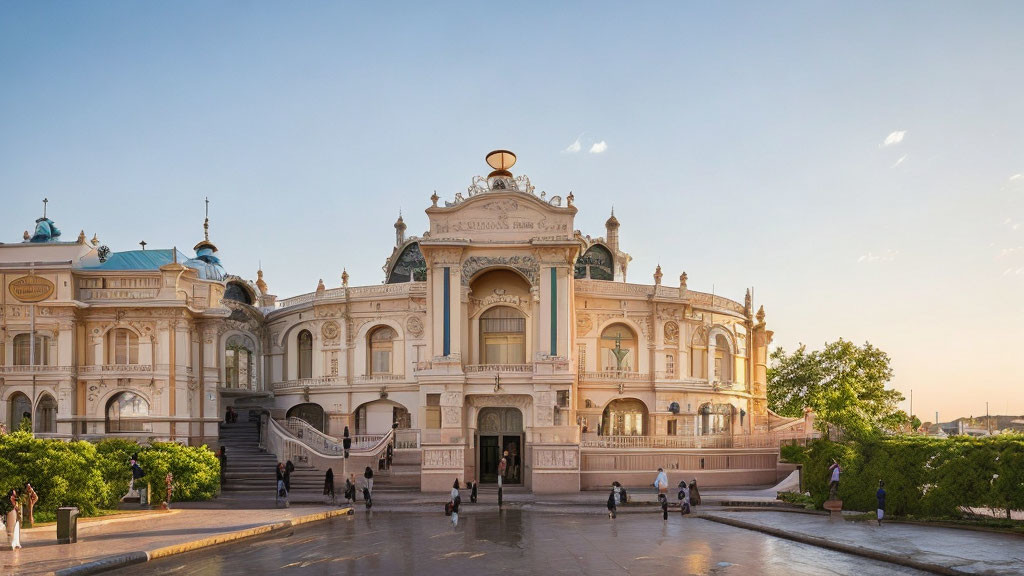 Ornate building with grand staircase and blue domes at sunset