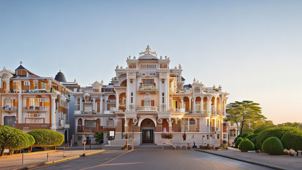 Symmetrical classical building with balconies and towers in a clear sky setting