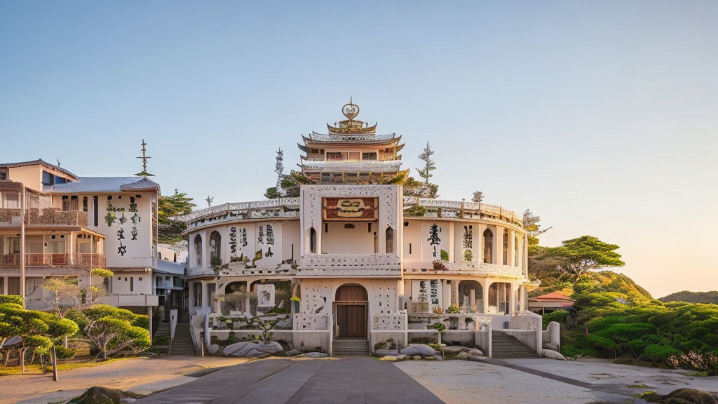 Traditional East Asian Building with Intricate Details at Sunrise or Sunset