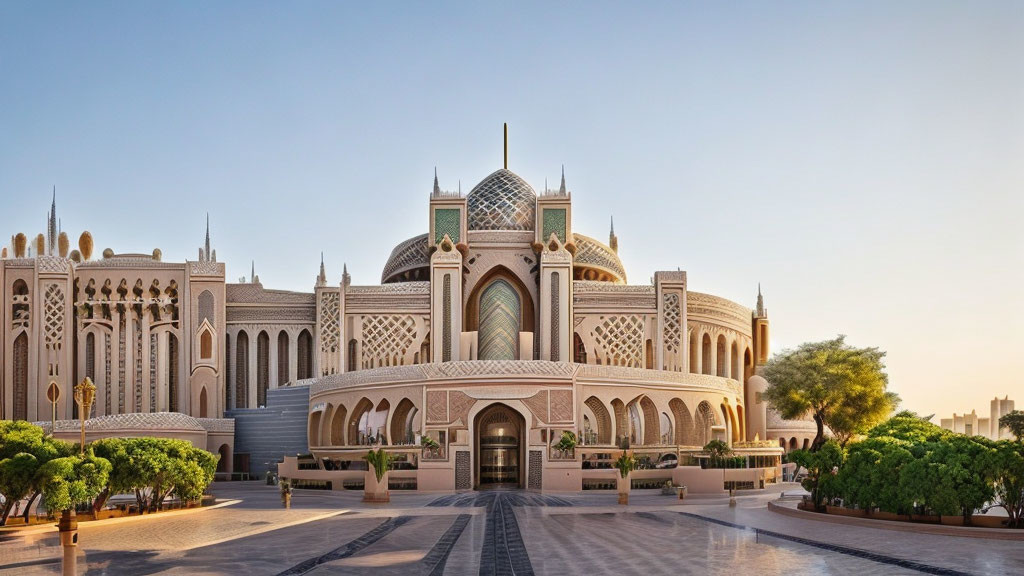 Palatial Building with Elaborate Arches and Dome at Dusk or Dawn