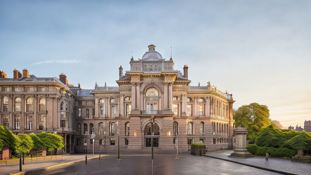 Classical architecture building with dome and large windows in golden sunlight