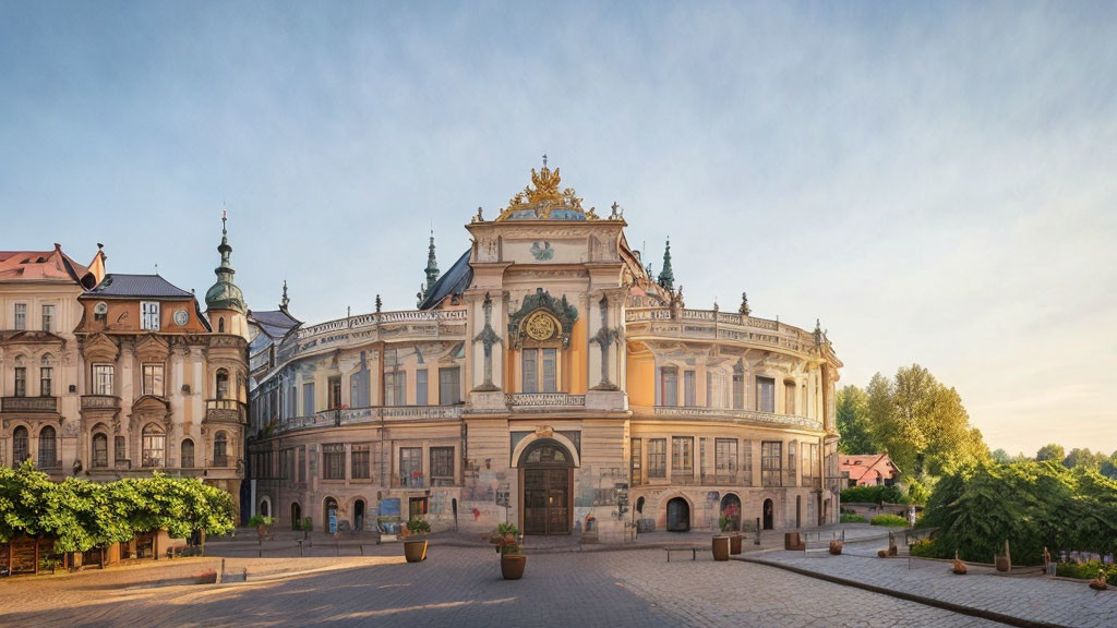 Historical Building with Baroque and Renaissance Architecture at Dawn or Dusk