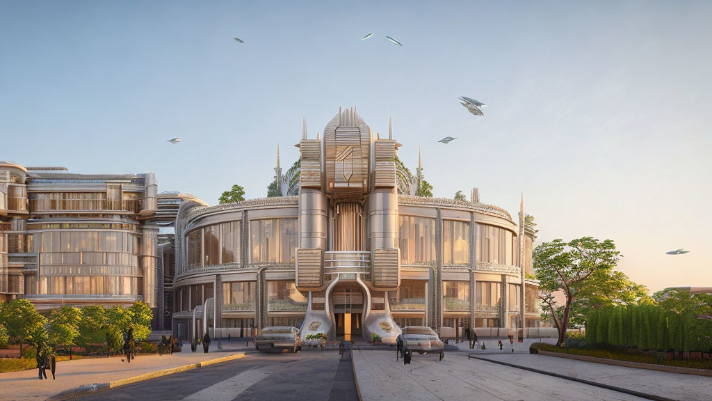 Ornate art-deco building in futuristic cityscape