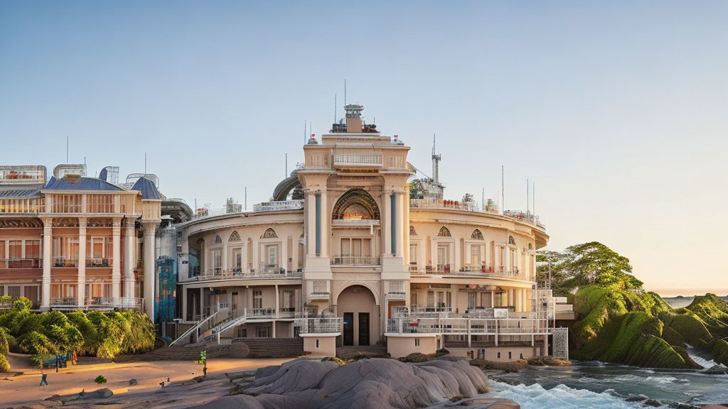 Historic building terrace overlooking beach in soft sunlight